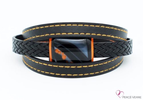 Bracelet en cuir noir et orange pour homme #187-4