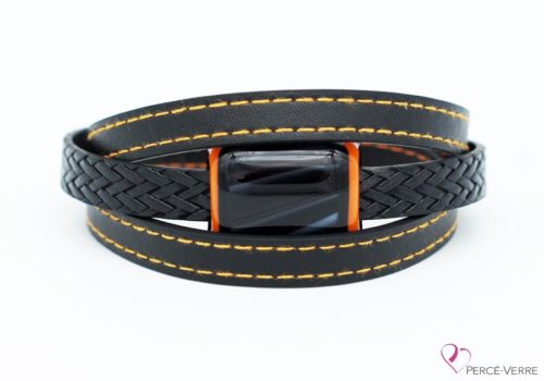 Bracelet en cuir noir et orange pour homme #187-8