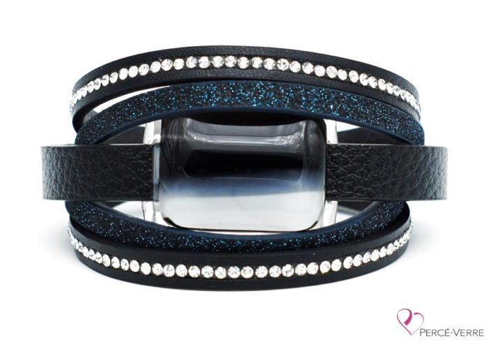 Bracelet en cuir noir et turquoise pour femme, collection super fashion #253