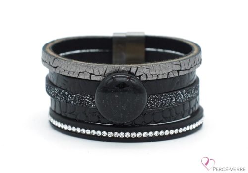 Bracelet en cuir noir et argent pour femme et bijou de verre, "Glamour" #2114