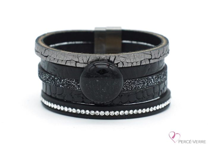 Black and silver leather and glass bracelet, "Glamour" #2114