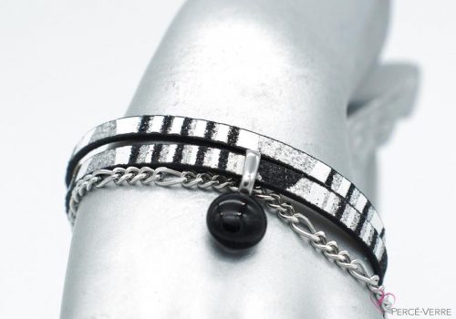 bracelet noir et argent avec breloque de verre, collection chic #1511