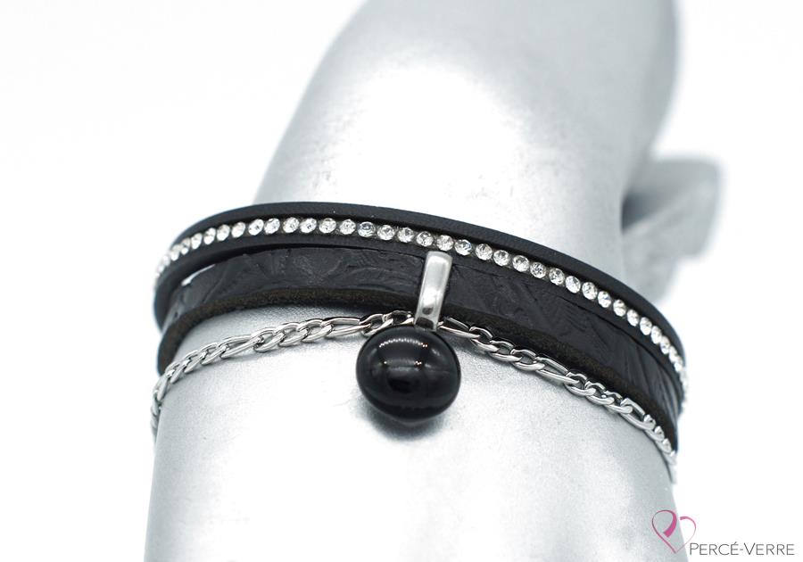 bracelet en cuir noir avec zircons et breloque de verre, collection chic #1550