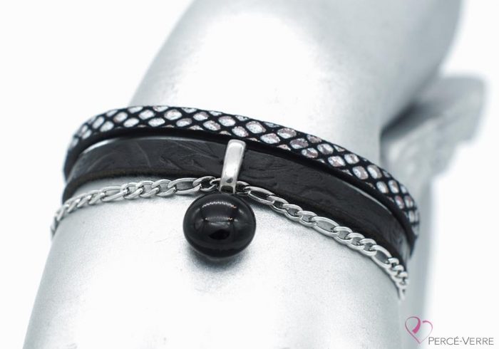 Bracelet en cuir noir et blanc avec breloque de verre, #1551