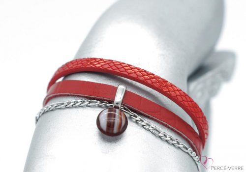 bracelet en cuir rouge avec breloque de verre #1553