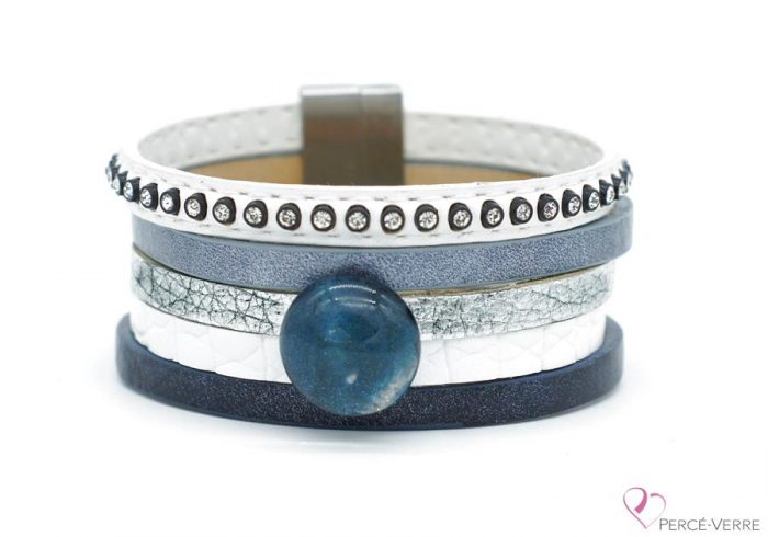 Bracelet bleu jeans et blanc en cuir pour femme, "Glamour" #2112