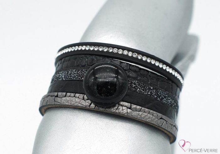 Bracelet en cuir noir et argent pour femme et bijou de verre, "Glamour" #2114