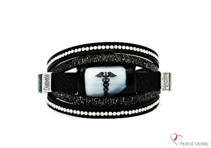 Bracelet Médical en cuir noir pour femme