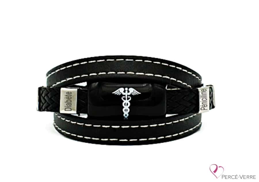 Bracelet Médical en cuir noir pour homme (coutures blanches)
