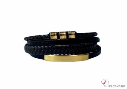 Bracelet pour homme en cuir noir et stainless steel doré